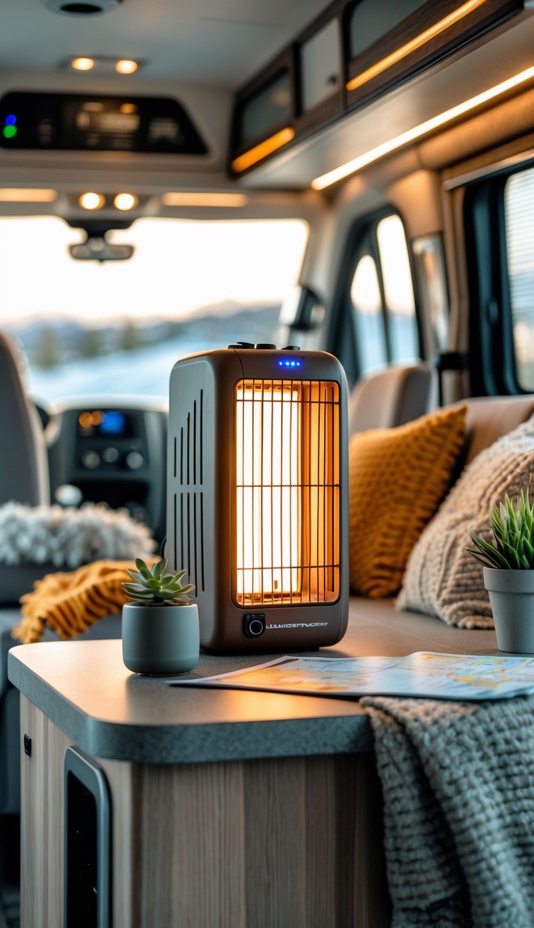 Interior of an RV with a portable heater on a table, surrounded by cozy seating and travel accessories.