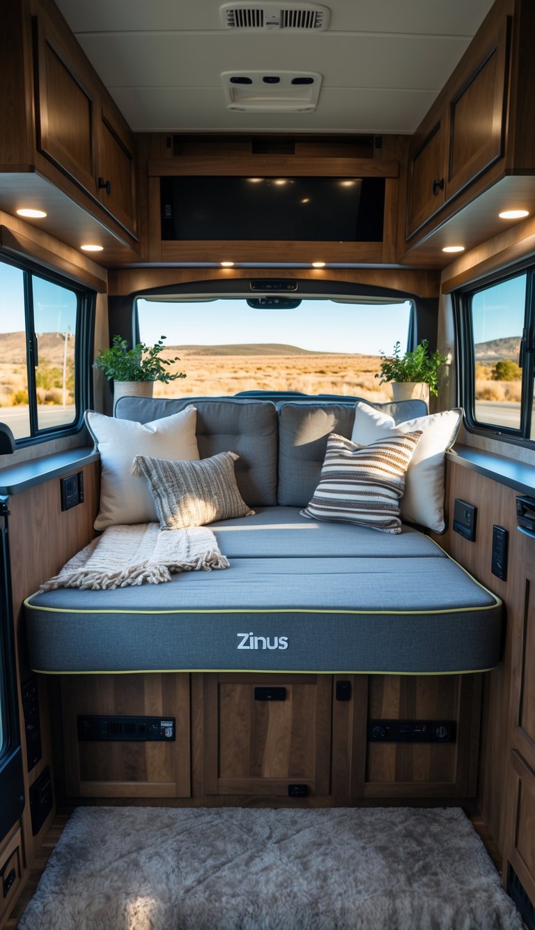 Interior of an RV with a sofa bed, cushions, blankets, and large windows showing an outdoor view.
