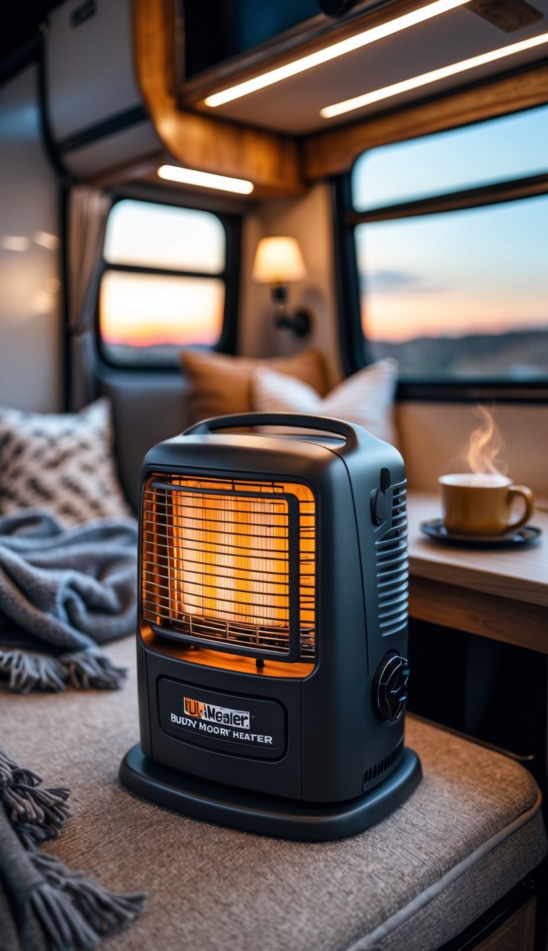 Interior of an RV with a portable heater on a table surrounded by cozy blankets and seating, showing a warm and comfortable road trip setup.