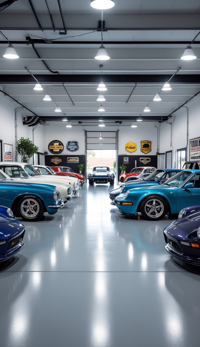 A spacious garage with several polished cars displayed neatly under bright lights, surrounded by automotive tools and decorative elements.