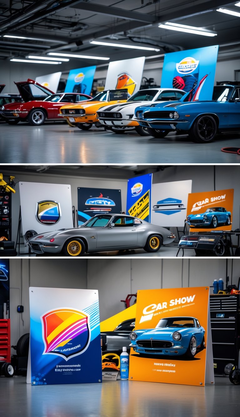 A garage with custom aluminum car show display boards arranged around classic and modern cars.