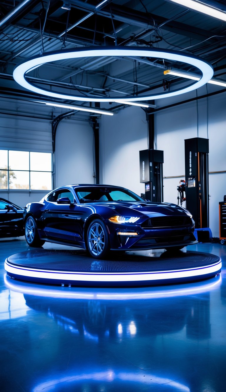 A polished car displayed on a circular LED-lit turntable inside a clean, organized garage.