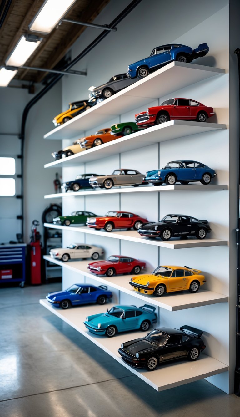 A garage wall with mounted shelves displaying various model cars in an organized and clean setting.