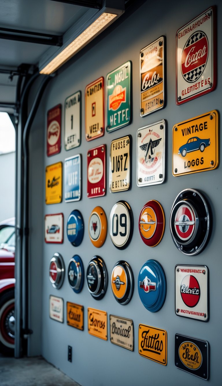 A garage wall decorated with vintage car memorabilia including license plates, metal signs, and model cars.