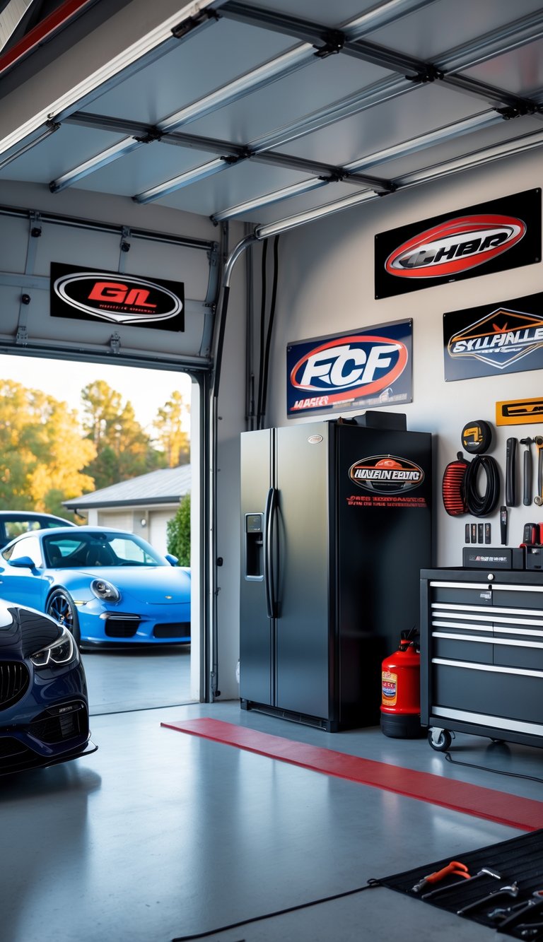A garage interior with cars parked inside and magnetic signs with custom logos attached to metal surfaces like tool cabinets and garage doors.