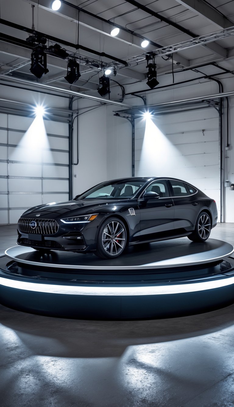 A car displayed on a rotating platform inside a garage with spotlights shining on it.