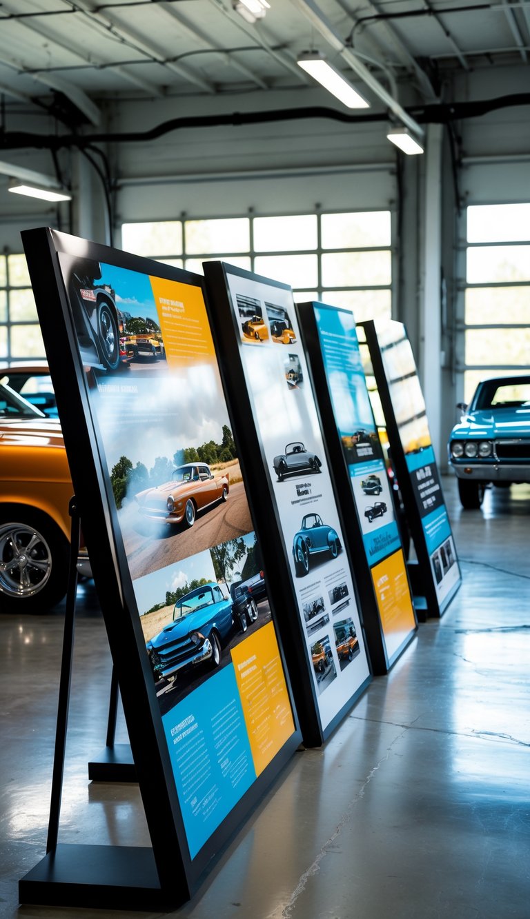 Glossy laminated poster boards displayed on stands inside a garage with classic cars parked nearby.