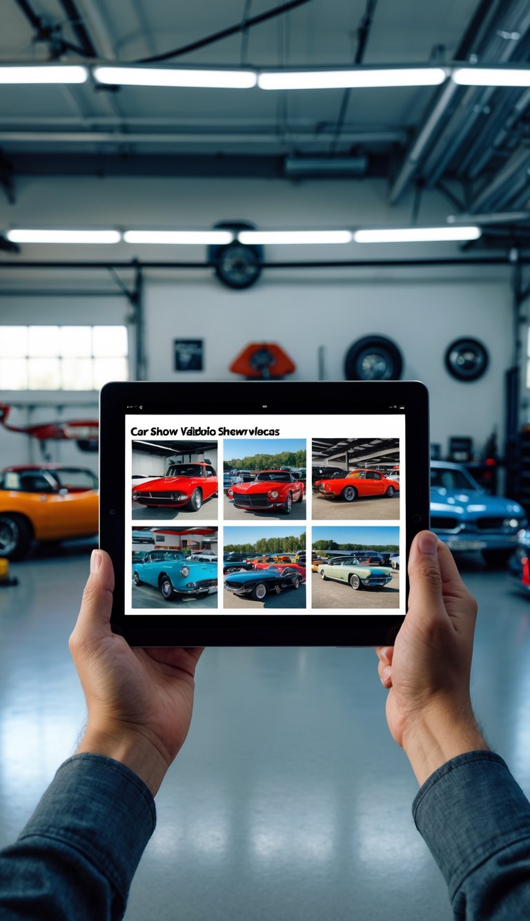 A person holding a tablet showing images of car show displays inside a garage.