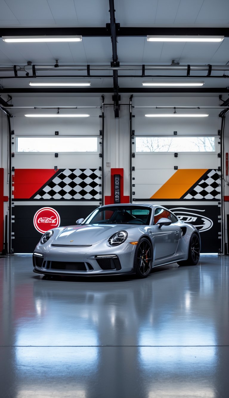 A clean garage interior with custom vinyl decals on the walls and a polished sports car displayed in the center.