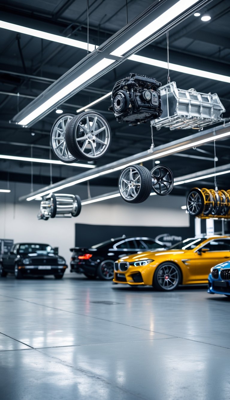 A garage car show featuring various car parts suspended from the ceiling as displays in a clean and organized space.