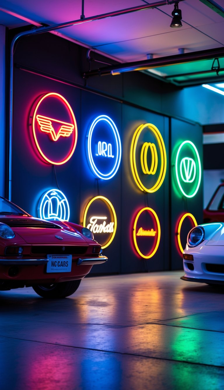 Indoor garage display with colorful neon light signs shaped like car brand logos and blurred cars in the background.