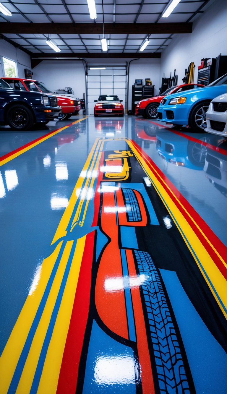 A clean garage floor with colorful car-themed epoxy designs and several cars parked inside.