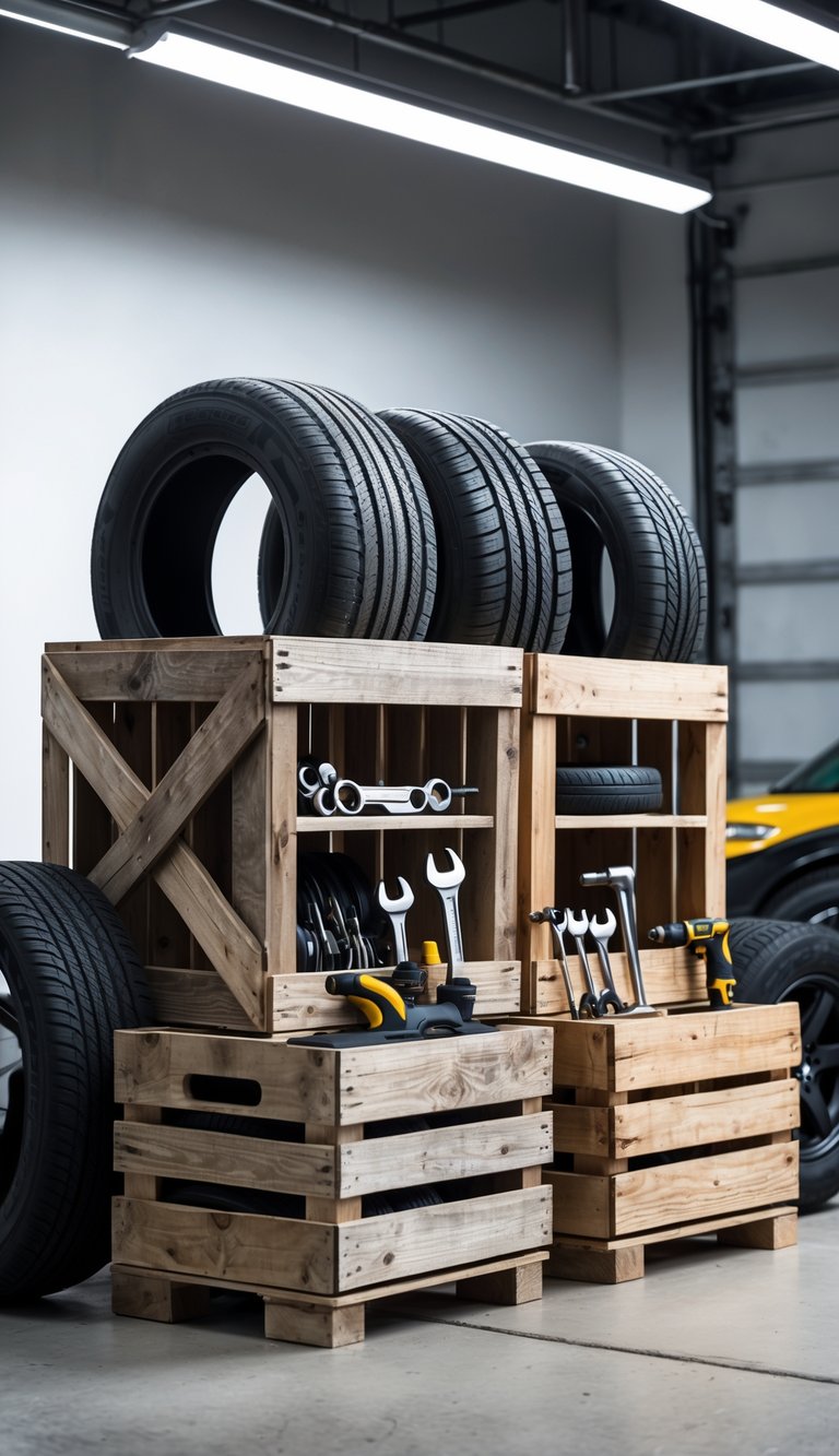 Garage display with rustic wooden crates holding car tires and automotive tools arranged neatly.