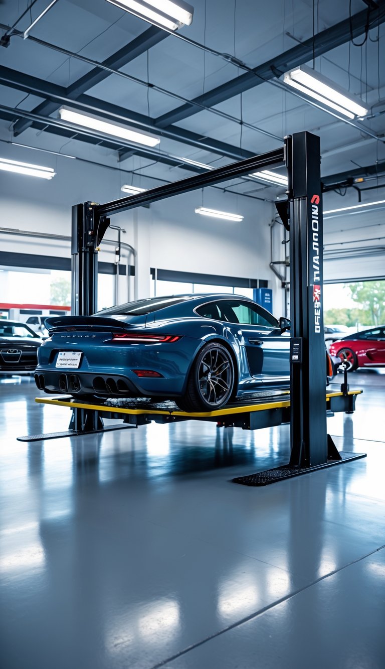 A shiny sports car elevated on a hydraulic car lift inside a clean and organized garage with other cars in the background.