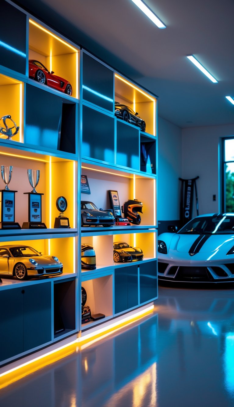 A modern garage with modular shelving featuring illuminated edges, displaying car show memorabilia and a sports car in the background.