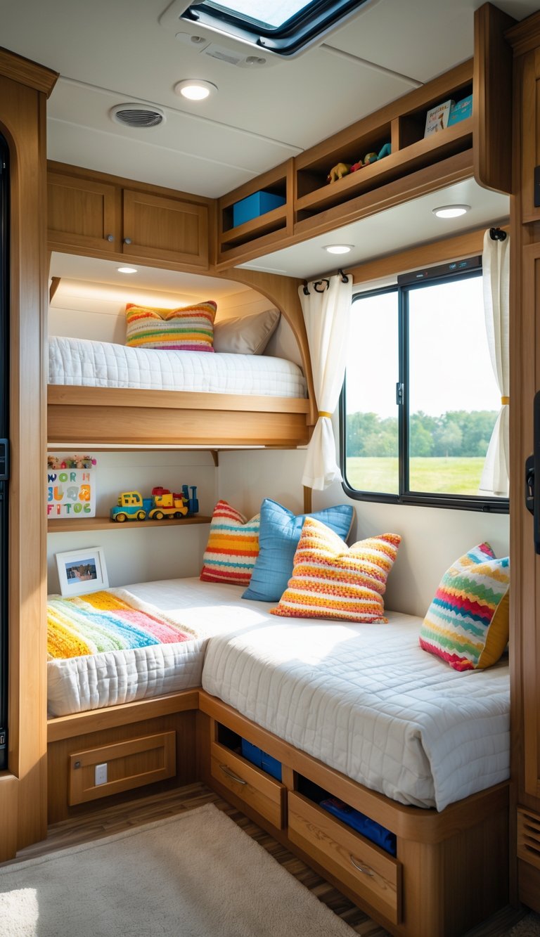 A family-friendly RV bunk room with multiple bunk beds, storage shelves, and natural light coming through a window.