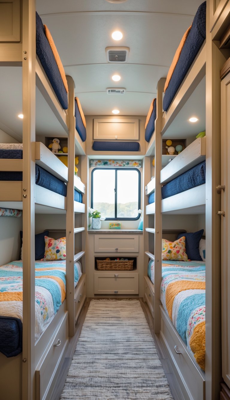 A family-friendly RV bunk room with bunk beds that have padded railings installed for safety.