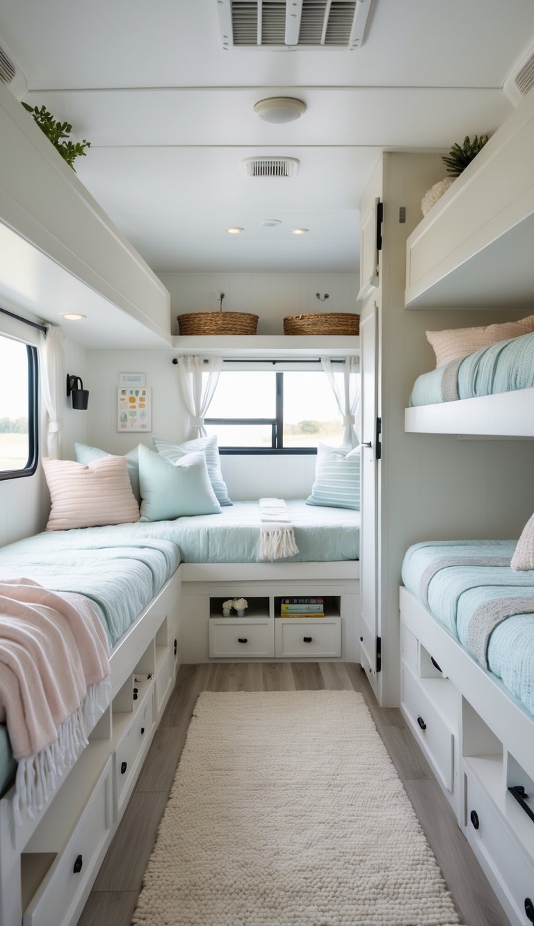 Bright and airy RV bunk room with multiple bunk beds, natural light, and cozy bedding arranged for family use.