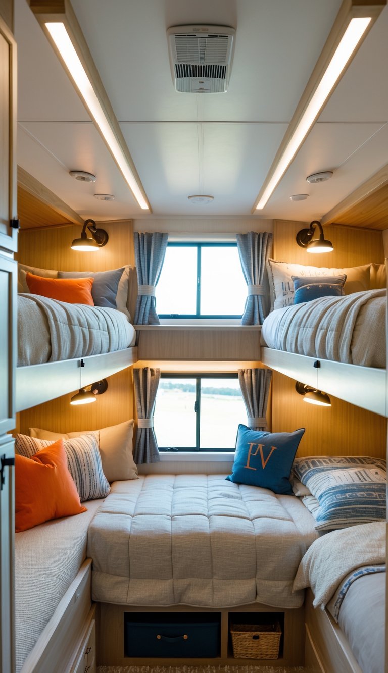 A family-friendly RV bunk room with multiple bunk beds, each equipped with its own reading light.