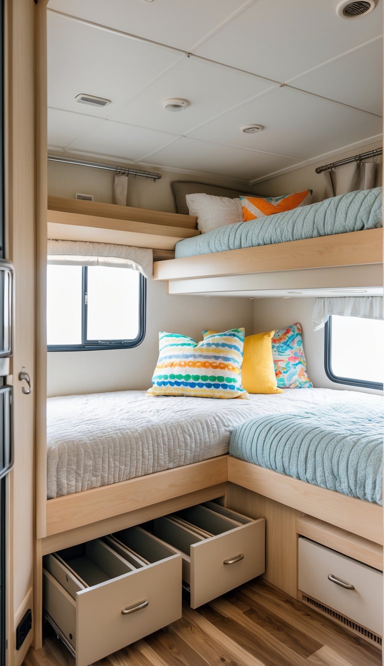 Family-friendly RV bunk room with built-in under-bunk storage drawers and cozy bunk beds.
