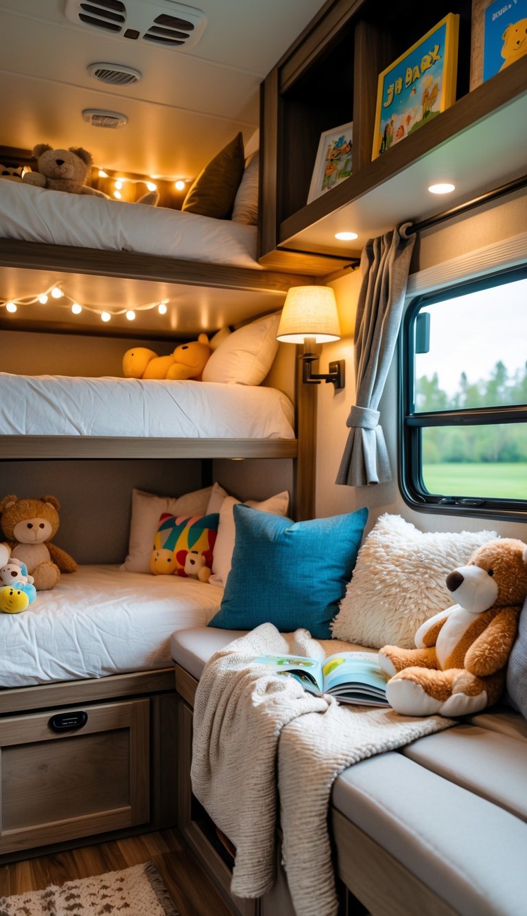 Cozy reading nook with cushions and books beside bunk beds inside a family RV.