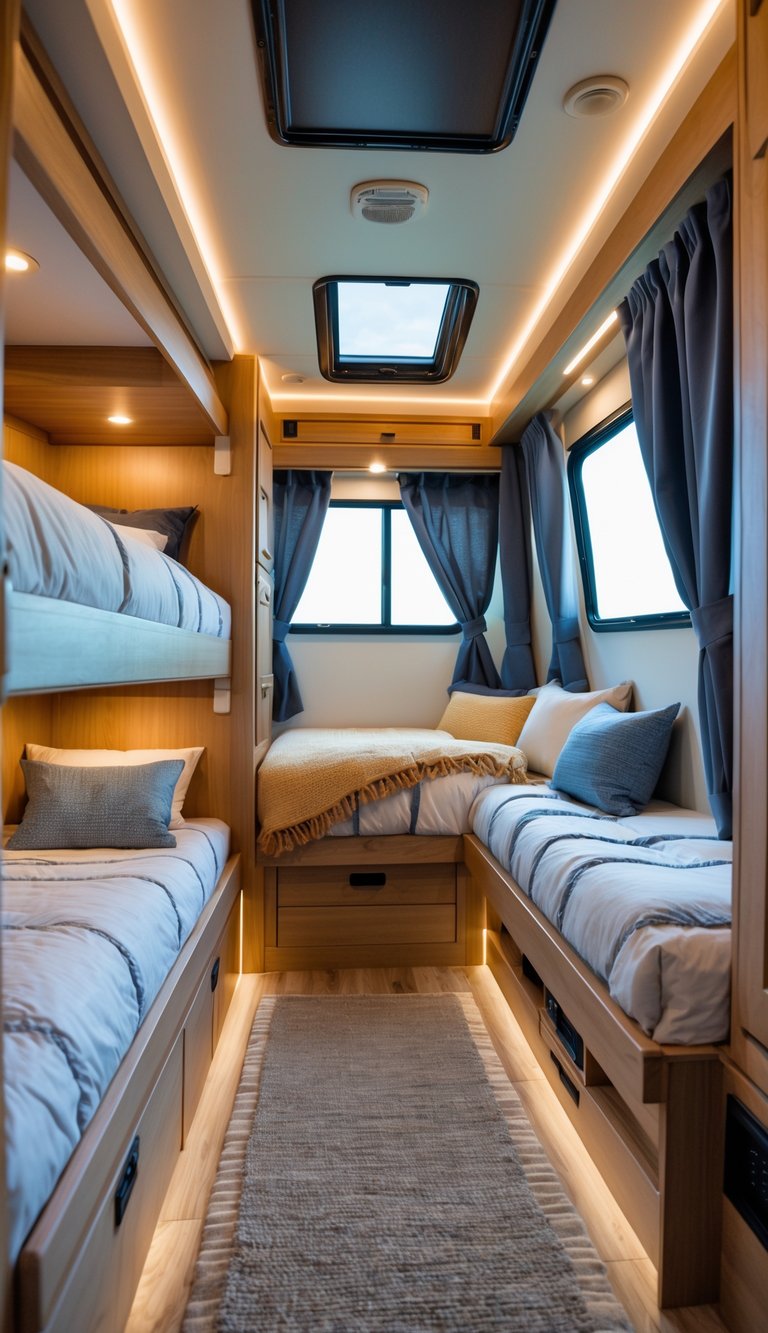 A cozy RV bunk room with multiple beds and blackout curtains covering the windows to create a dark, restful sleeping environment.
