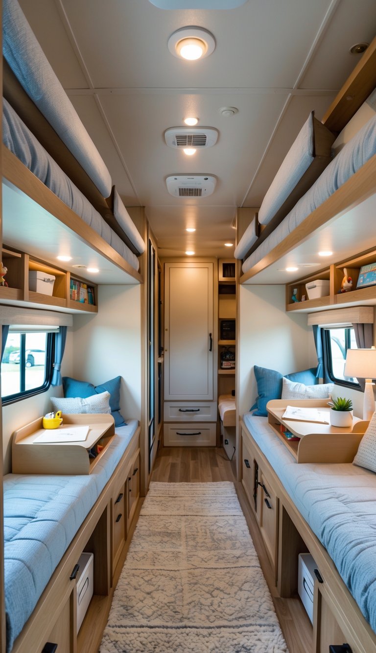 A family-friendly RV bunk room with fold-down desks, bunk beds, and organized storage for quiet activities.