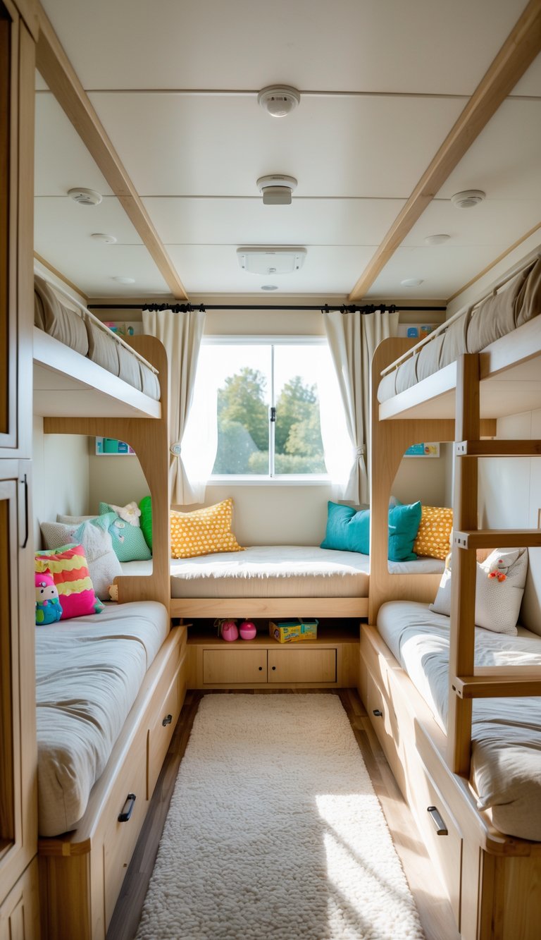 An RV bunk room with adjustable bunk beds, soft bedding, a window letting in natural light, and family-friendly decor.