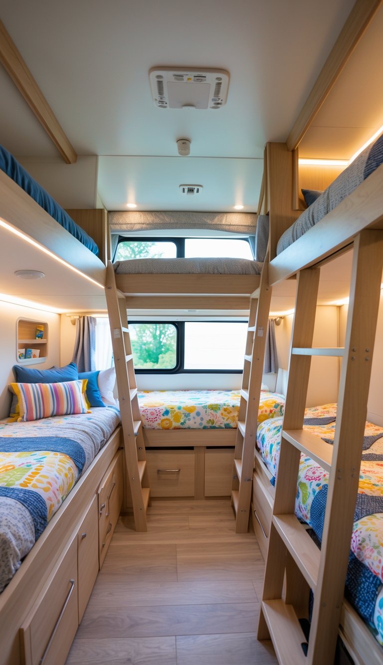 A family-friendly RV bunk room with multiple bunk beds and space-saving ladders, cozy bedding, and natural light coming through a window.