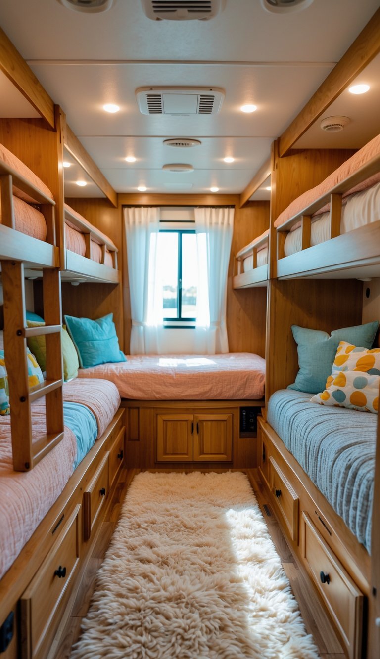 A family-friendly RV bunk room with multiple bunk beds and soft rugs on the floor, creating a warm and comfortable space.
