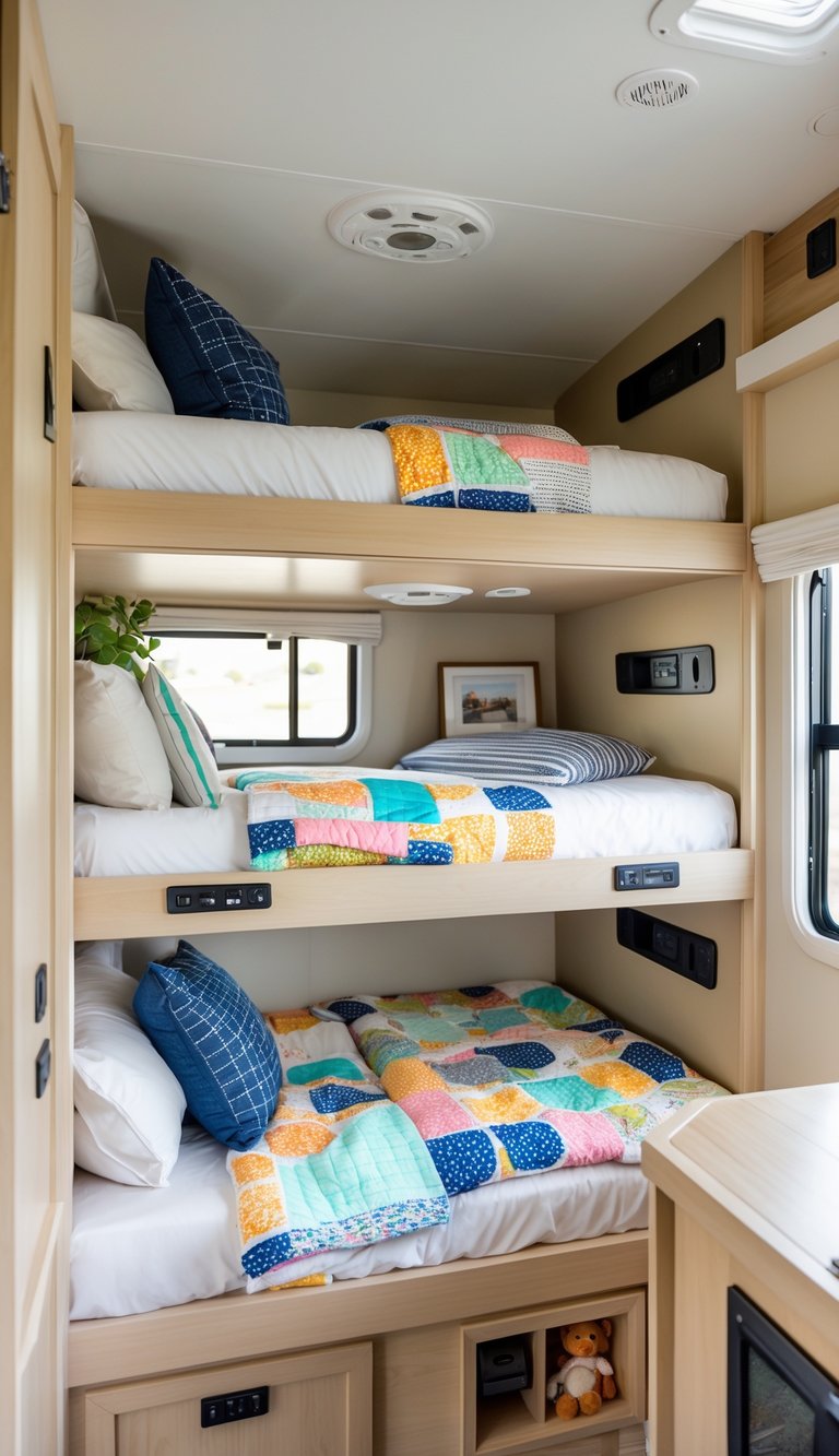 A family-friendly RV bunk room with built-in bunk beds featuring USB charging ports, cozy bedding, and natural light coming through the windows.