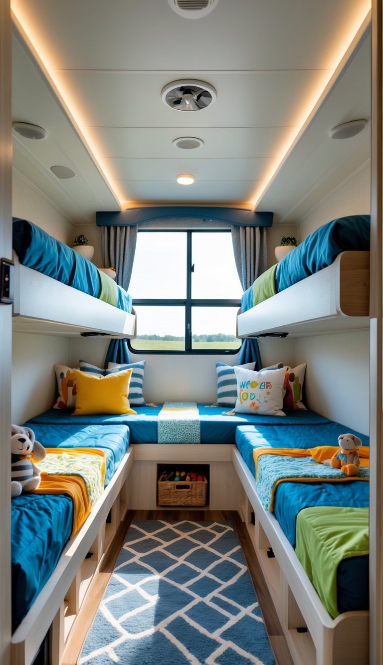 A family-friendly RV bunk room with multiple bunk beds featuring waterproof bedding and child-friendly decor.