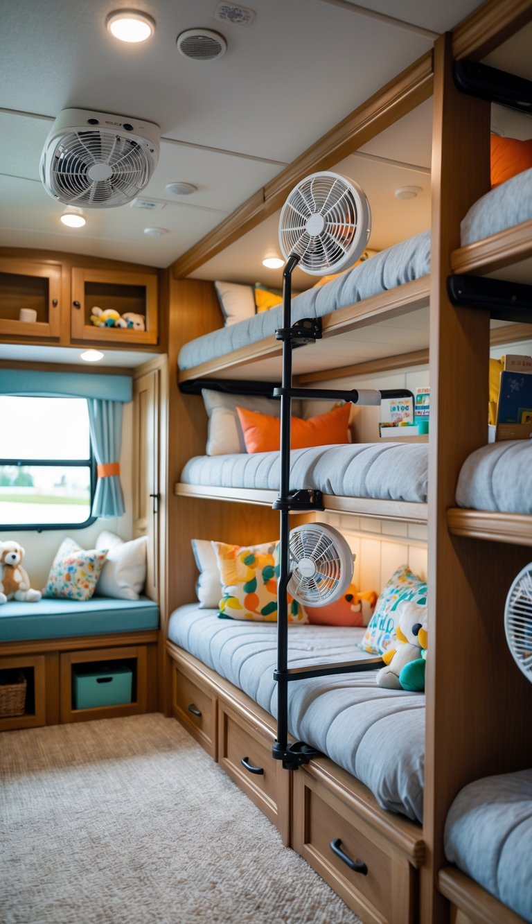 A family-friendly RV bunk room with bunk beds and clip-on fans attached to the bed frames for personalized airflow.