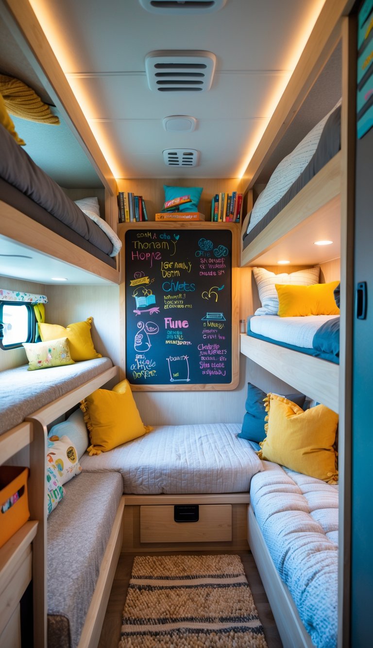 A family-friendly RV bunk room with multiple bunk beds and a chalkboard wall covered in colorful drawings and notes.