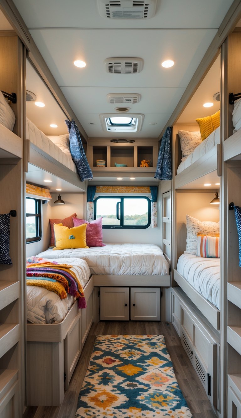 Interior of an RV bunk room with multiple bunk beds separated by space dividers, featuring cozy bedding and storage areas.