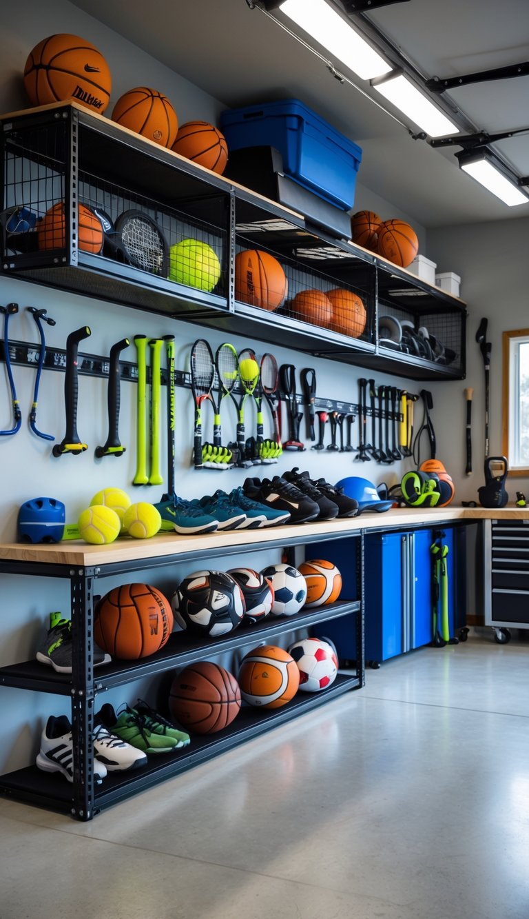 A clean garage with various sports equipment neatly organized on racks and shelves, including balls, bats, helmets, and rollerblades.