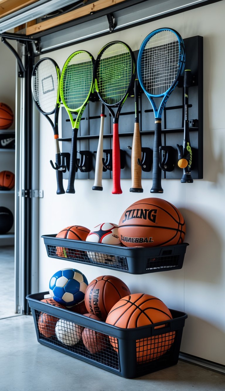 A garage wall organizer with hooks holding sports equipment and a basket filled with balls.