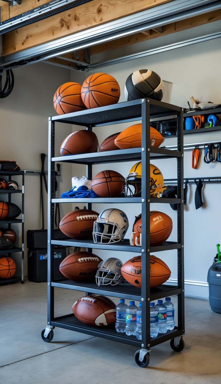 A heavy duty rolling cart filled with various sports gear inside a clean garage with organized storage shelves in the background.