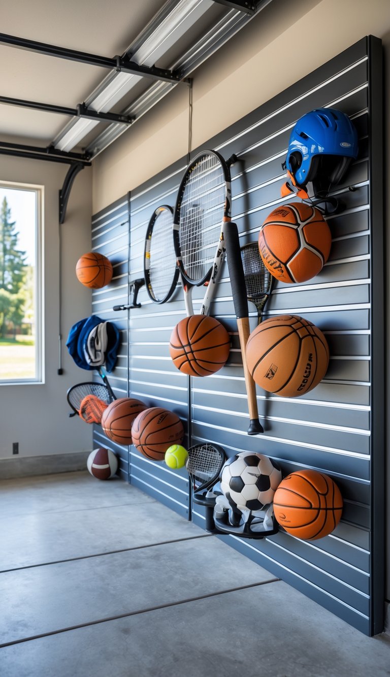 A garage with wall-mounted slatwall panels holding organized sports equipment including balls, rackets, bats, and helmets.
