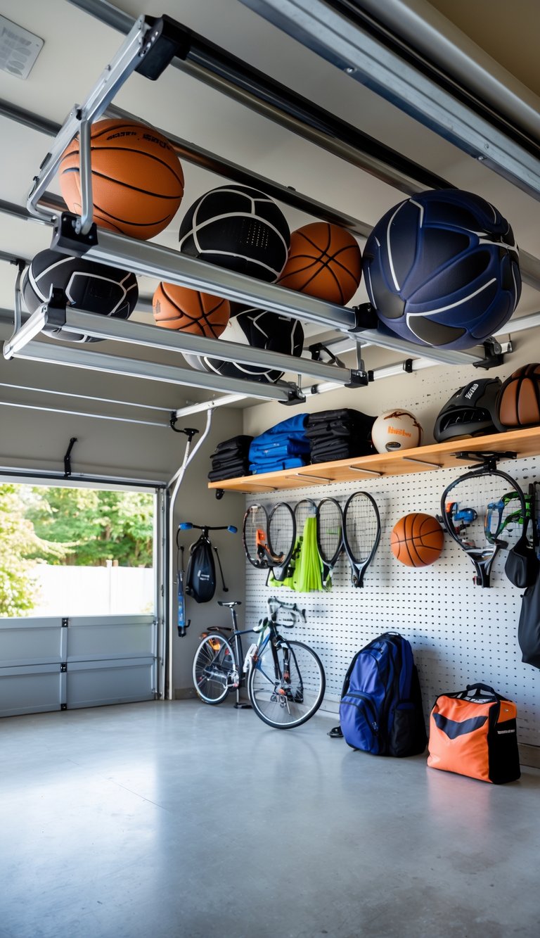 An organized garage with overhead racks storing sports equipment like balls and helmets, with additional shelves and hooks holding other gear.