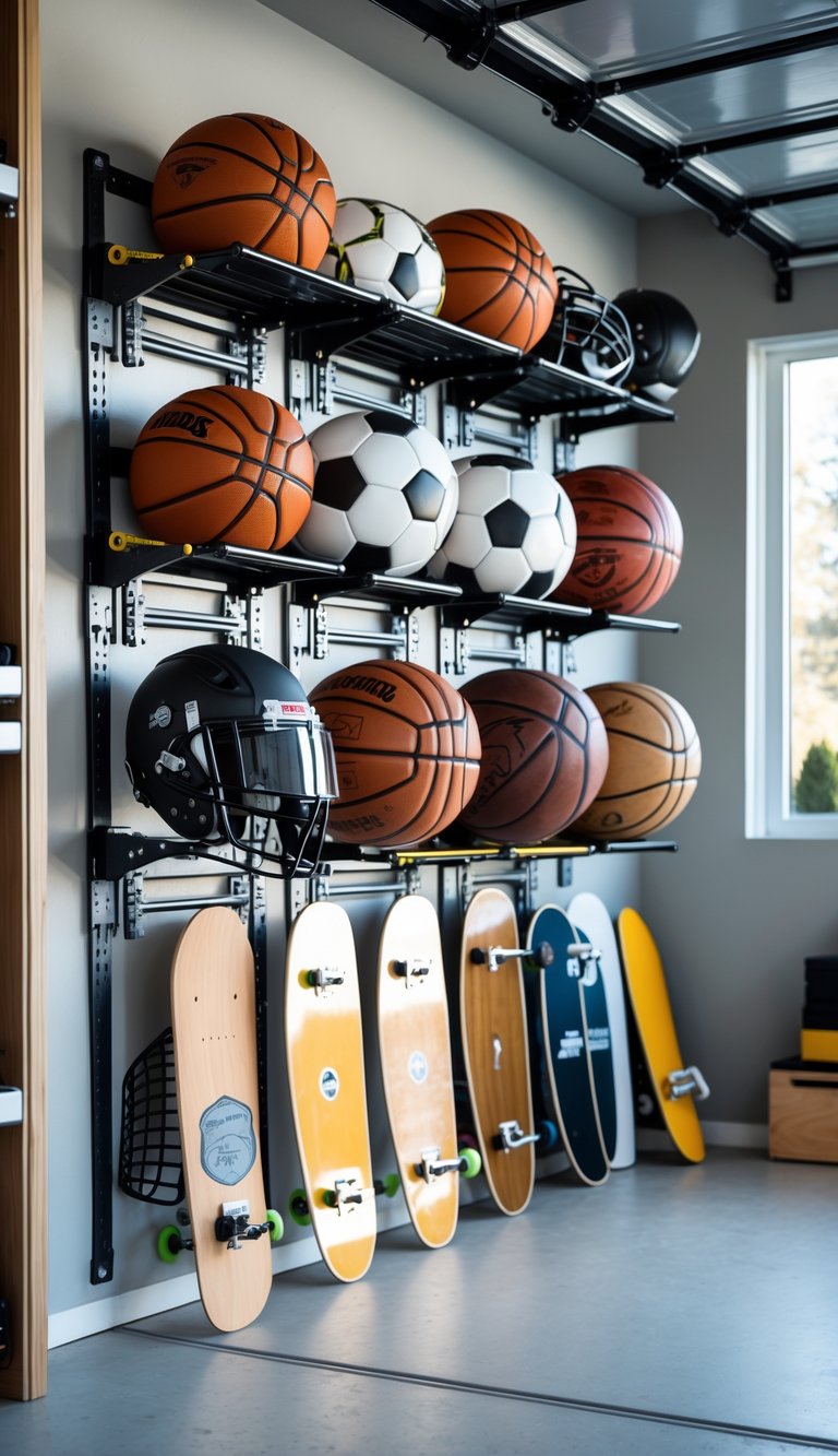 A garage with adjustable racks neatly organizing various sports equipment like balls, helmets, and rackets.
