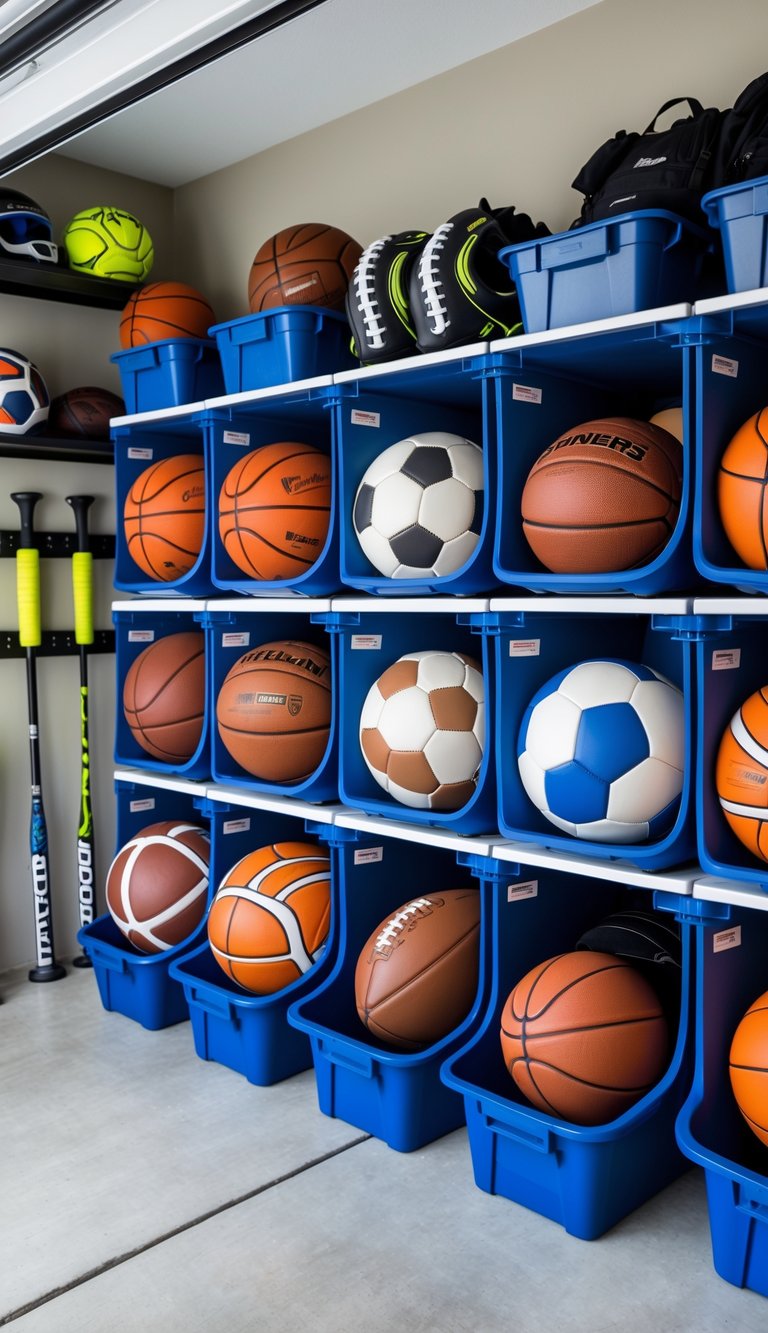 A garage with multiple storage bins holding various sports balls and equipment, neatly organized on shelves and hooks.