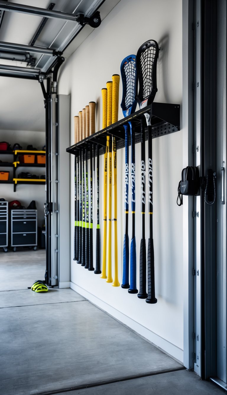 A garage wall with vertical racks holding baseball bats and hockey sticks neatly organized alongside shelves with storage bins.
