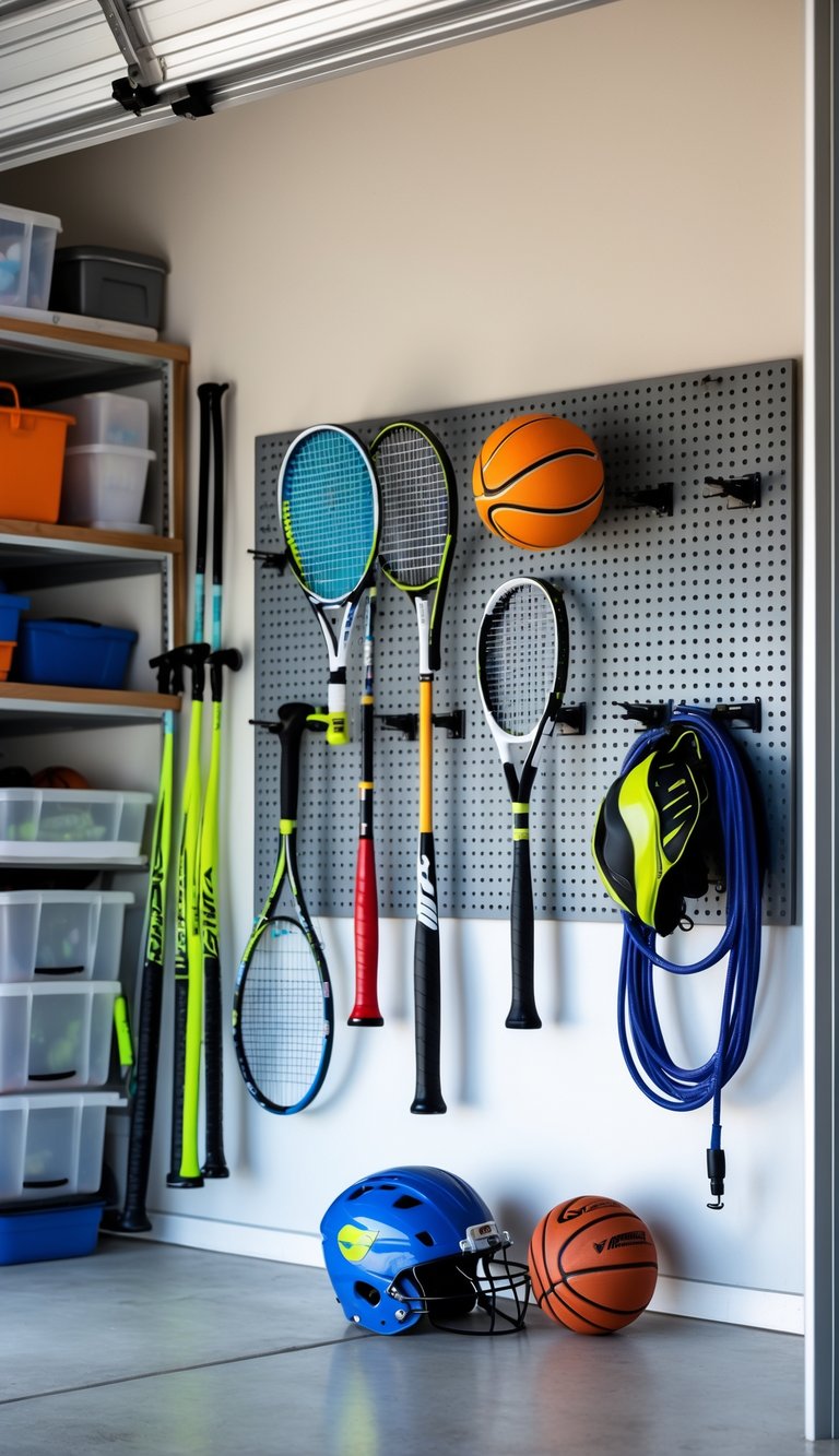 A garage wall with a pegboard system organizing small sports equipment like rackets, bats, helmets, and jump ropes.