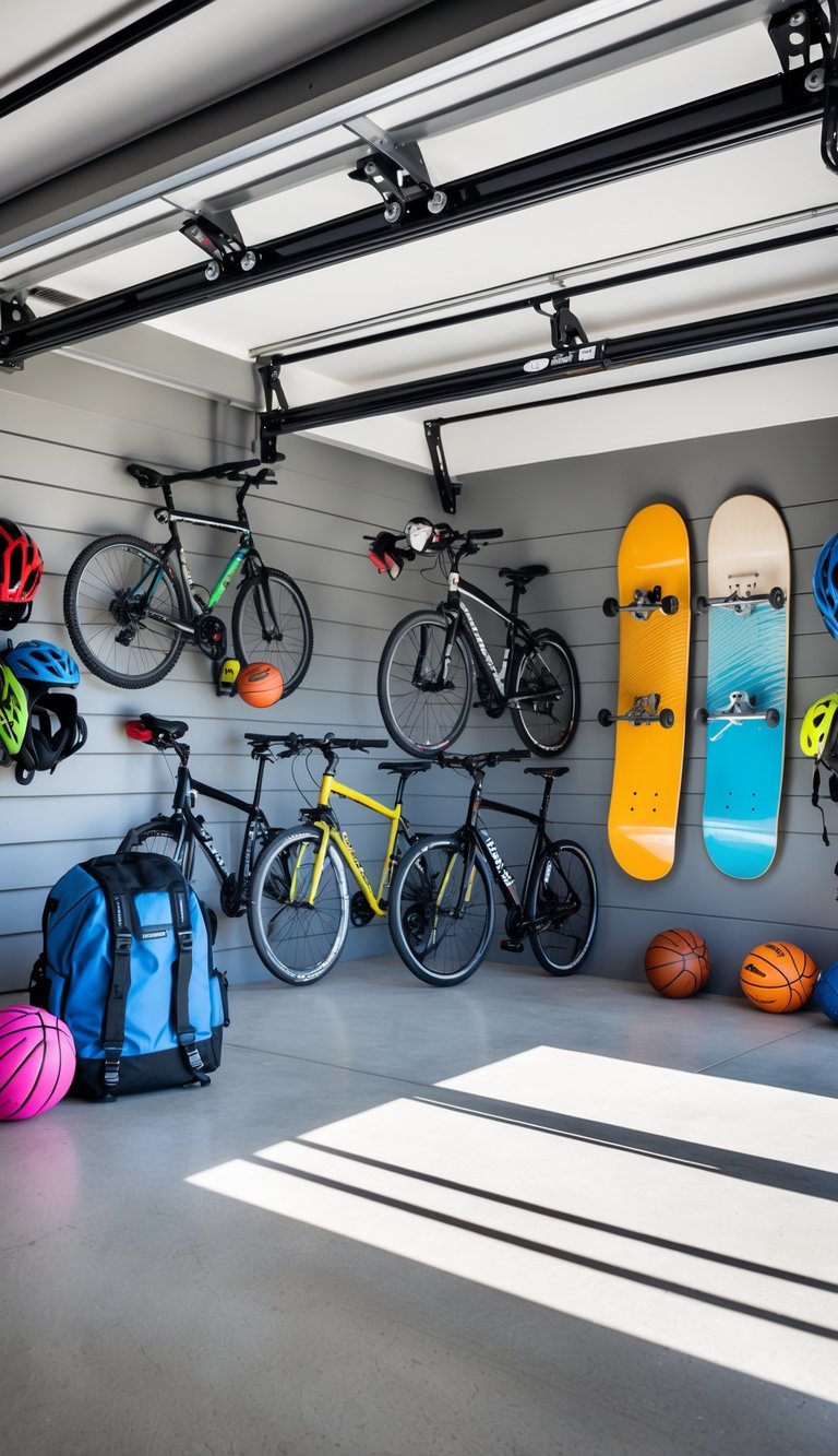 A garage with bikes hanging from ceiling hoists and wall hooks, surrounded by neatly organized sports equipment on shelves.