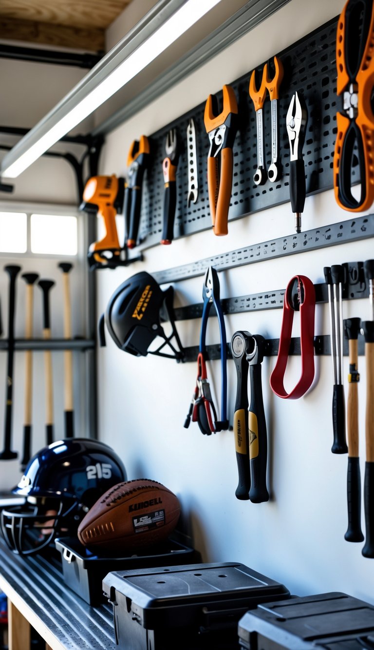A neatly organized garage wall with magnetic tool holders holding various hand tools and nearby shelves storing sports equipment like helmets and bats.