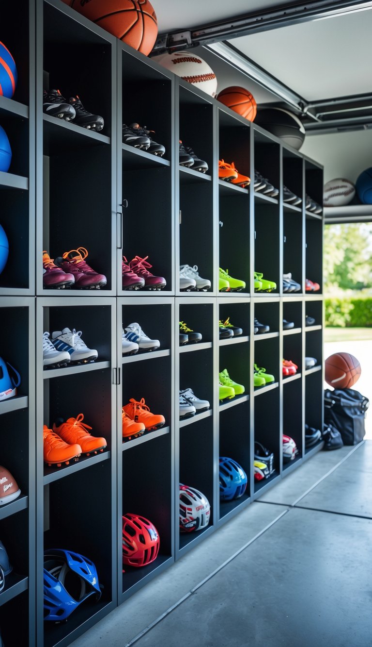 A garage with shelved cabinets storing cleats and helmets neatly organized.