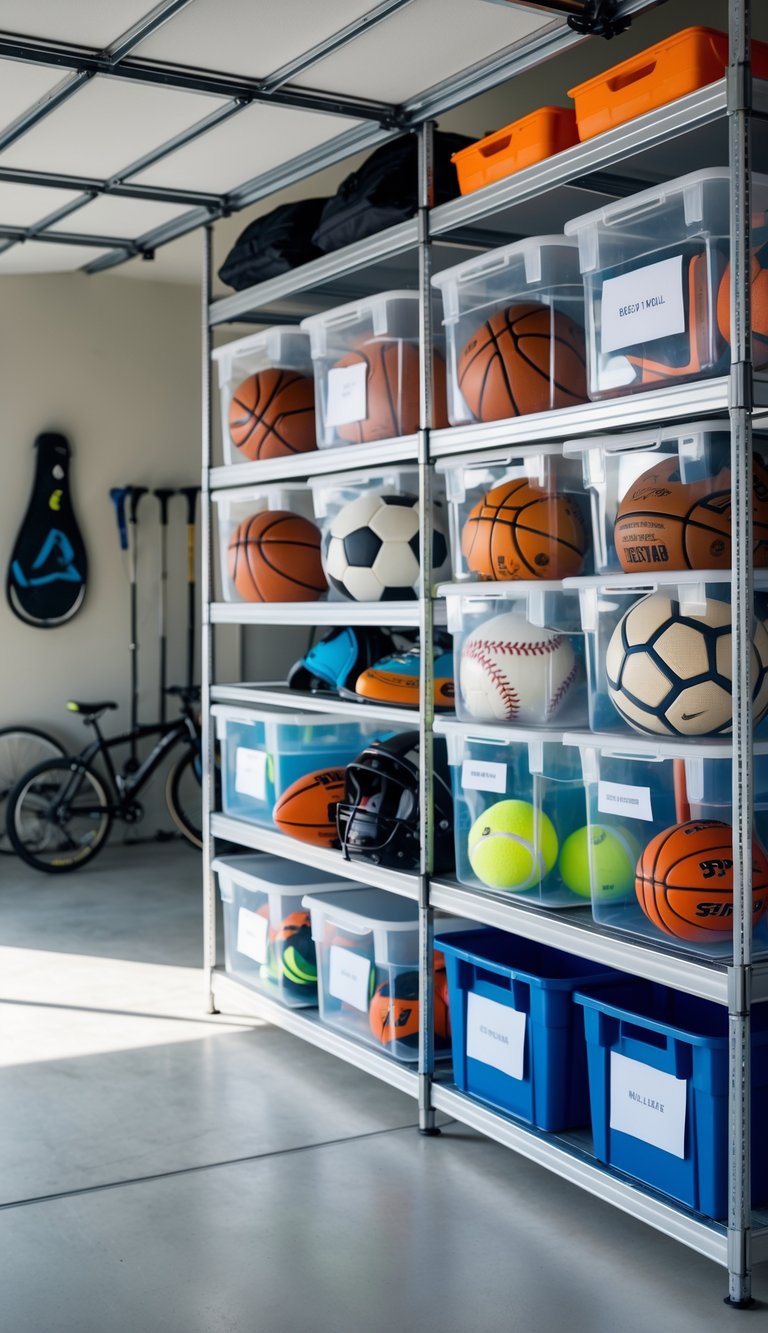 A garage with clear stackable storage bins filled with various sports equipment neatly arranged on shelves.
