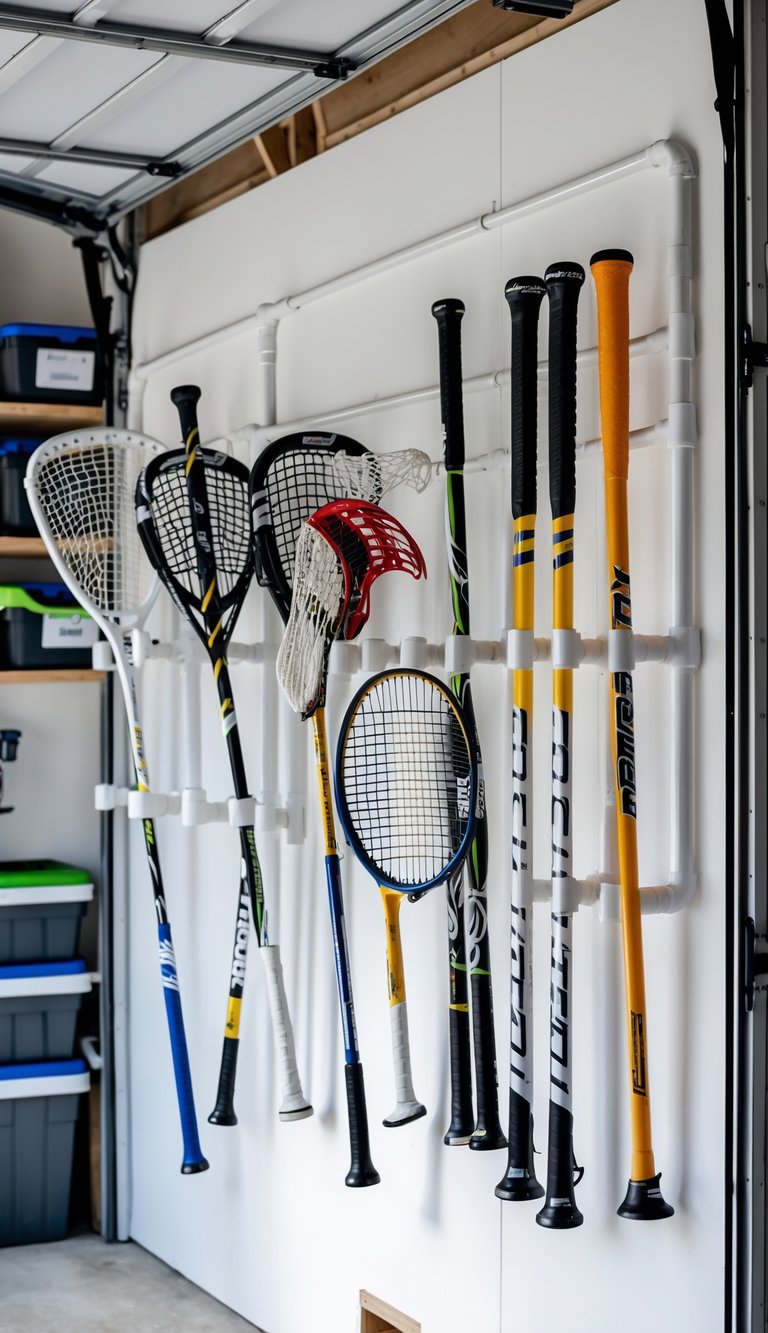 A well-organized garage wall with DIY PVC pipe holders storing various sports equipment like bats and rackets.