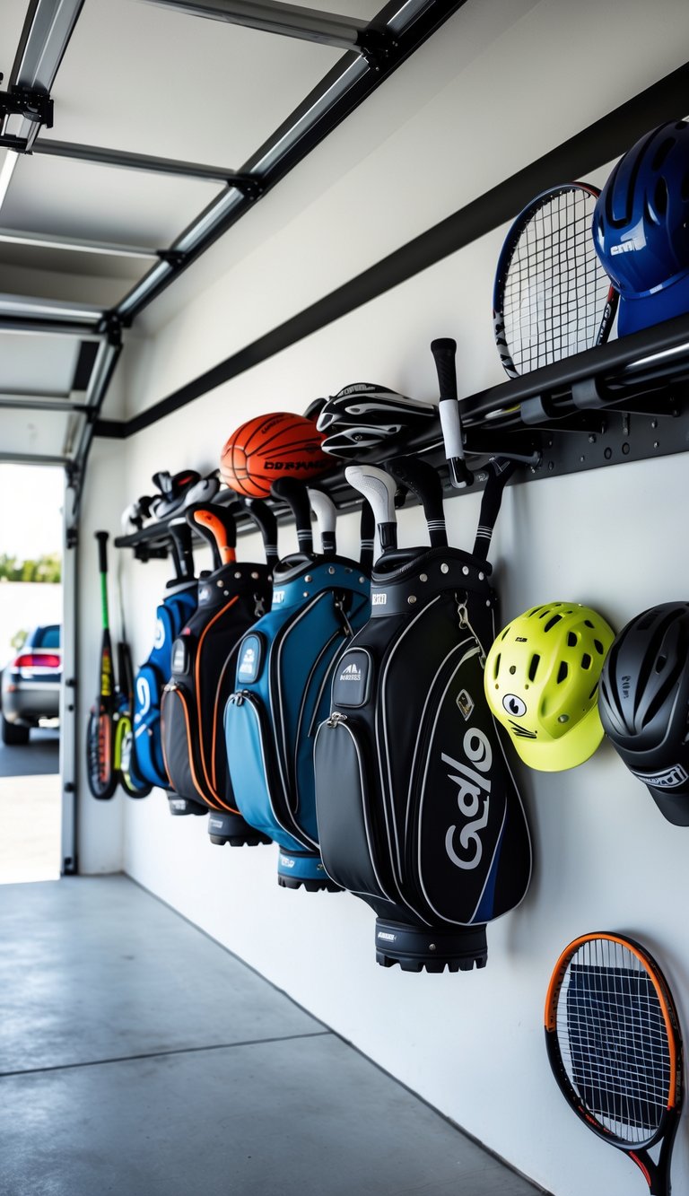 A garage wall with golf bags hanging on hooks alongside other sports equipment organized neatly.